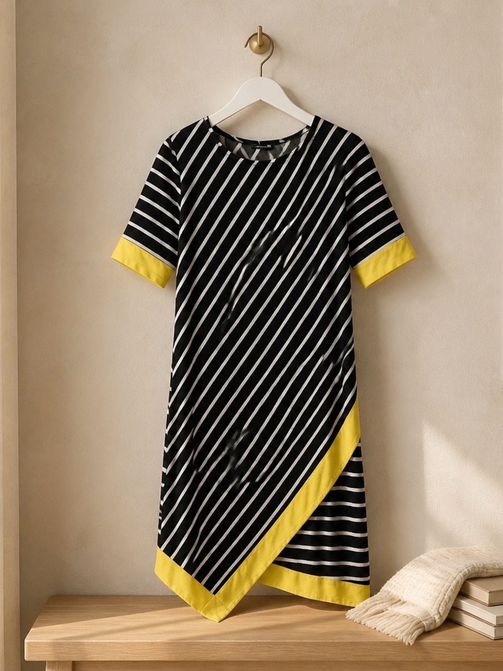 Tiana B. Black & White Diagonal Stripe Dress with Yellow Trim